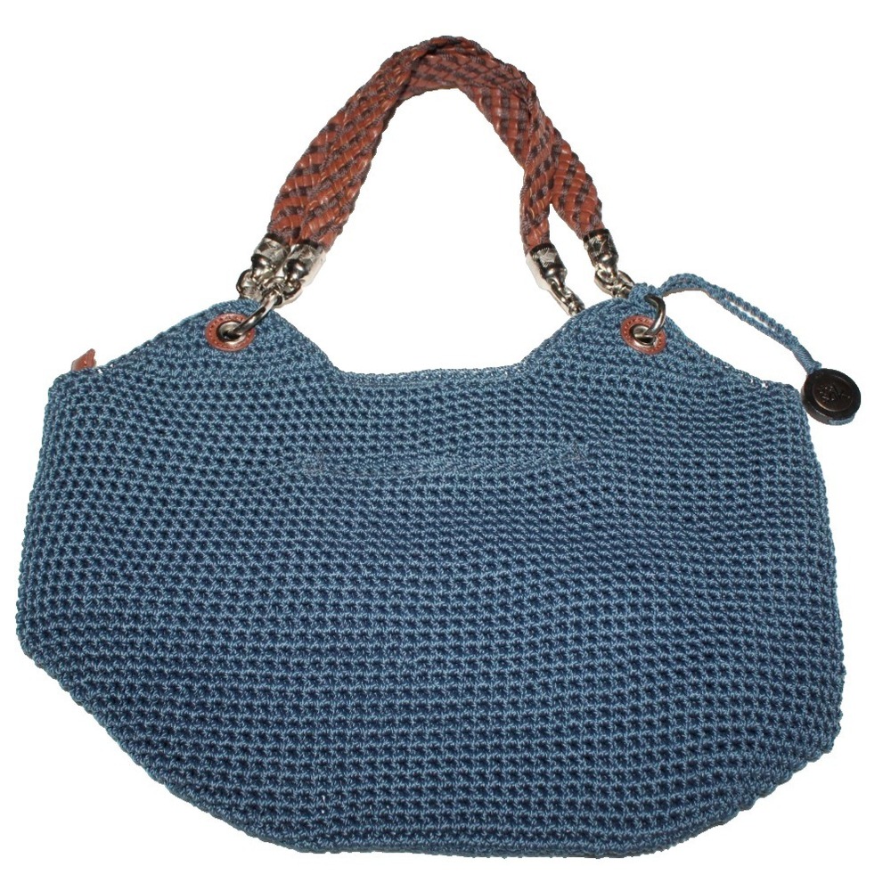 The Sak Indio Crochet blue purse shoulder bag braided double handle with charm